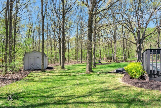 2639 E Shady Grove Ct, Crete, IL 60417 - view of green lawn featuring a shed, an outdoor structure, and a deck