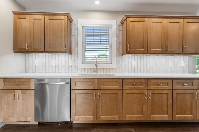 2012 Spruce Ln, Monticello, IL 61856 - kitchen featuring dishwasher, a sink, light countertops, recessed lighting, and tasteful backsplash