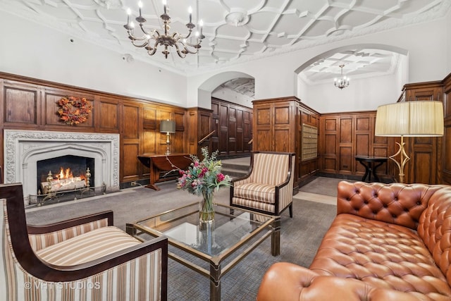 lobby with coffered ceiling and ornamental molding