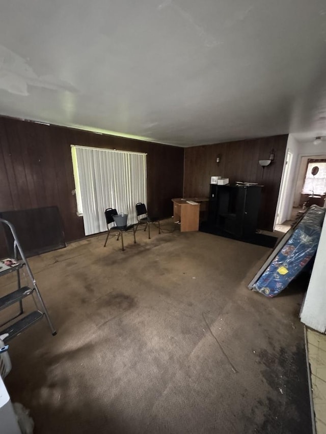 living room featuring wooden walls and carpet