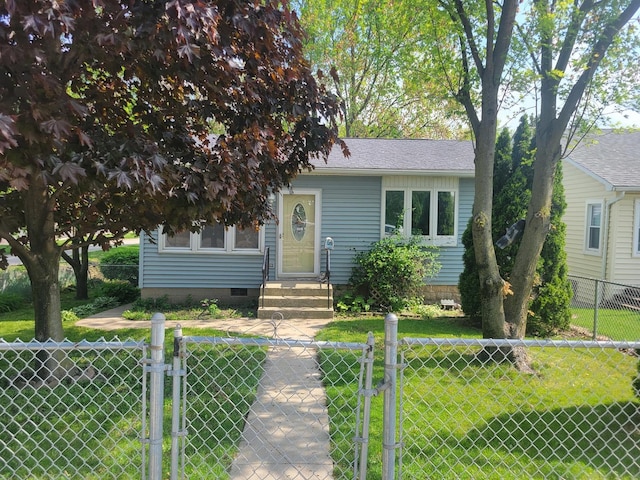 view of front of house with a gate, crawl space, and entry steps