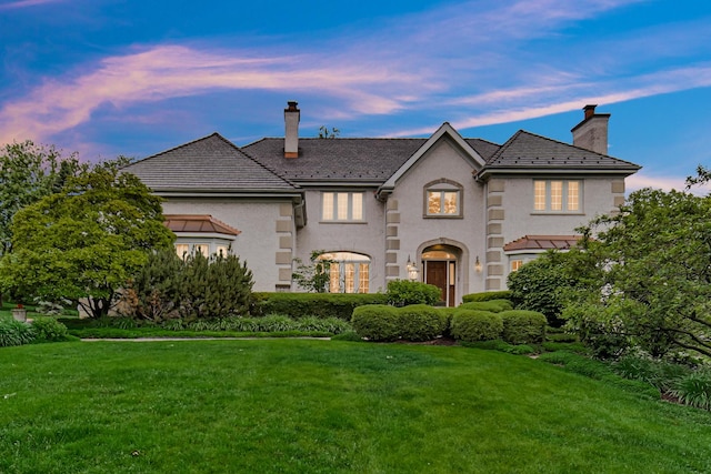 160 Circle Ridge Dr, Burr Ridge, IL 60527 - french provincial home featuring a chimney, a front yard, a high end roof, and stucco siding