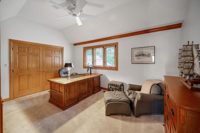 160 Circle Ridge Dr, Burr Ridge, IL 60527 - office space with vaulted ceiling, a ceiling fan, light colored carpet, and baseboards