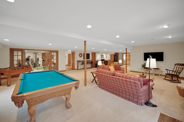 160 Circle Ridge Dr, Burr Ridge, IL 60527 - recreation room featuring light colored carpet, billiards, recessed lighting, french doors, and baseboards