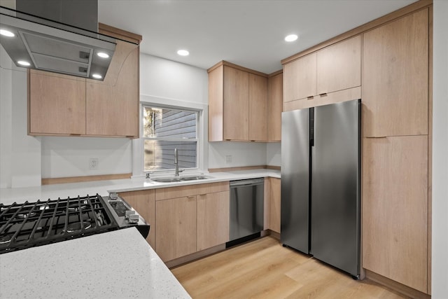 1416 3rd St, Winthrop Harbor, IL 60096 - kitchen featuring appliances with stainless steel finishes, a sink, light brown cabinets, light countertops, and light wood finished floors