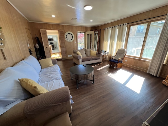 7700 Le Claire Ave, Skokie, IL 60077 - living area with wooden walls, wood finished floors, baseboards, recessed lighting, and ornamental molding