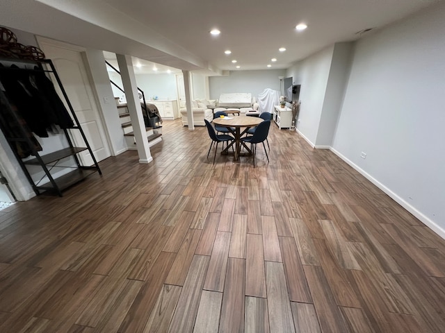 7700 Le Claire Ave, Skokie, IL 60077 - dining space with dark wood-style floors, recessed lighting, baseboards, and stairway