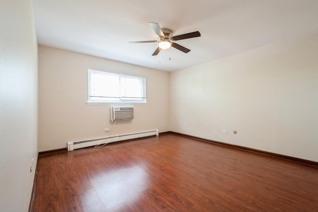 unfurnished room featuring a baseboard radiator, a wall mounted air conditioner, ceiling fan, wood finished floors, and baseboards