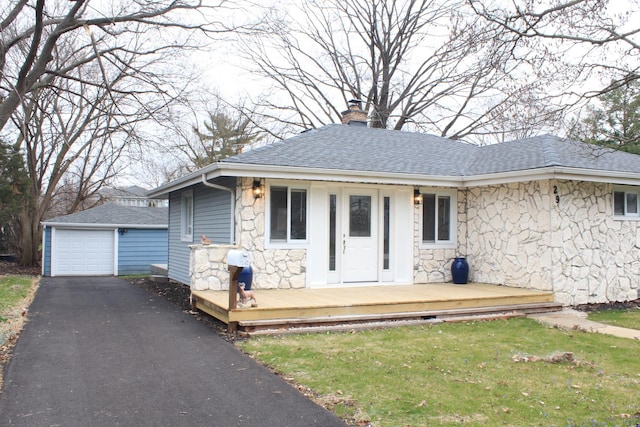 29 S Ash St, Palatine, IL 60067 - ranch-style home with stone siding, a chimney, a shingled roof, and an outdoor structure