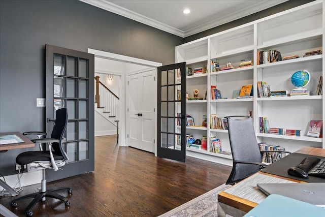 office with french doors, crown molding, wood finished floors, and recessed lighting