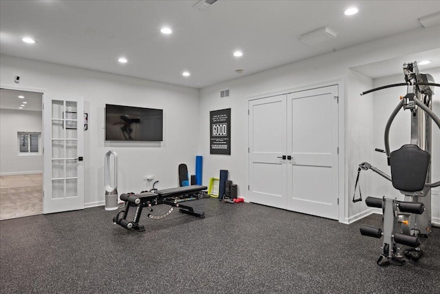 workout area with recessed lighting, french doors, and baseboards