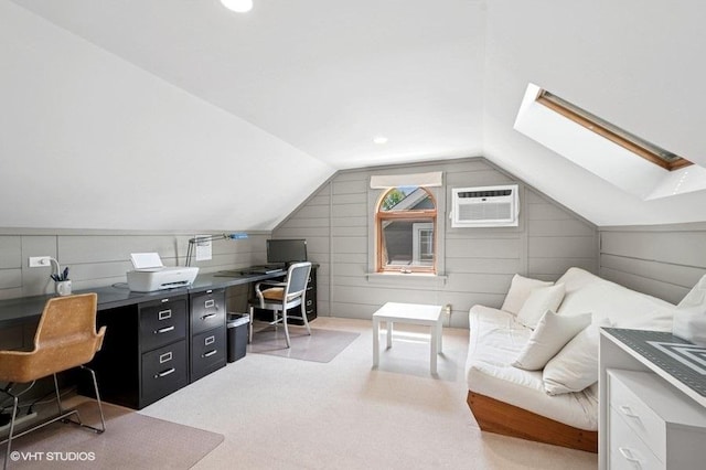 2206 Forestview Rd, Evanston, IL 60201 - office with vaulted ceiling, a wall unit AC, a skylight, and wooden walls