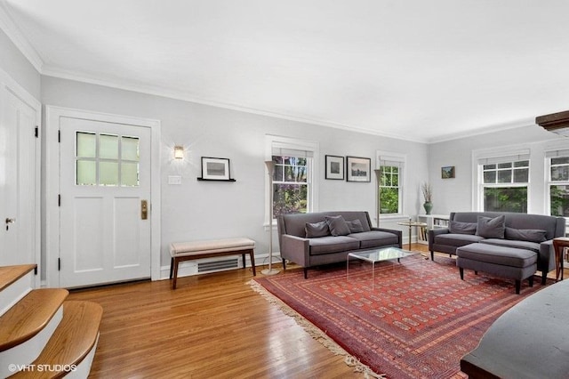 2206 Forestview Rd, Evanston, IL 60201 - living room featuring wood finished floors, ornamental molding, and baseboards