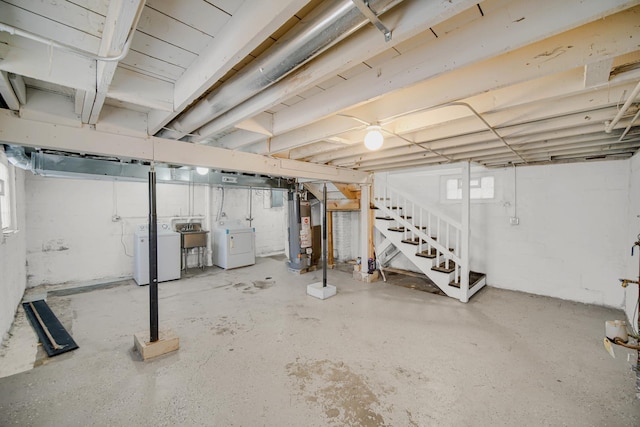 1513 Euclid Ave, Chicago Heights, IL 60411 - below grade area with gas water heater, independent washer and dryer, stairs, and a sink