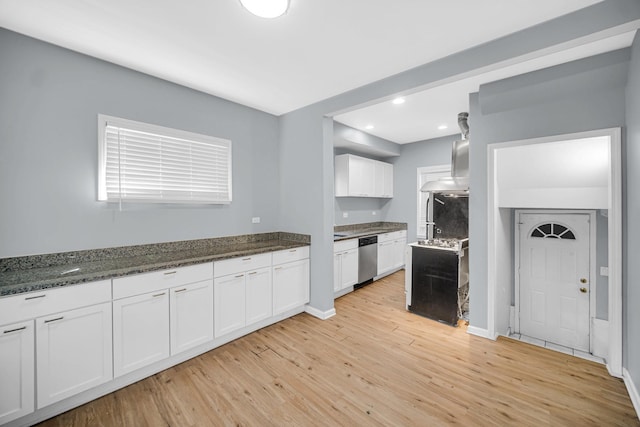 1513 Euclid Ave, Chicago Heights, IL 60411 - kitchen with dishwasher, light wood-type flooring, white cabinetry, dark stone counters, and baseboards