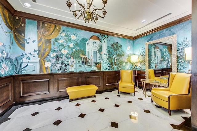 community lobby with wallpapered walls, ornamental molding, wainscoting, and recessed lighting