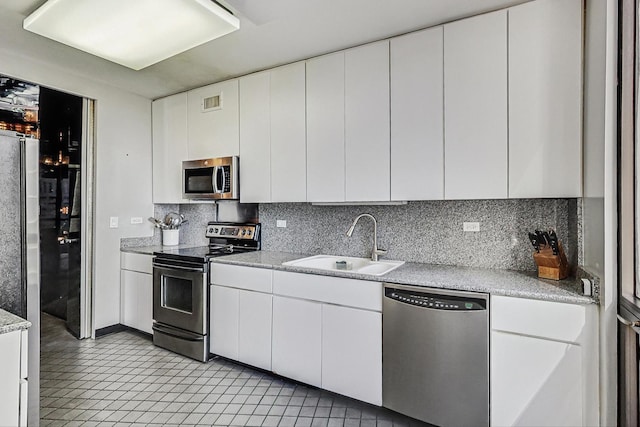kitchen featuring stainless steel appliances, a sink, white cabinets, backsplash, and light tile patterned flooring