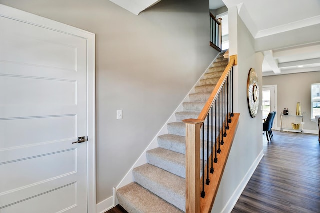 24465 S St Peters Dr, Channahon, IL 60410 - staircase featuring wood finished floors, baseboards, and beam ceiling