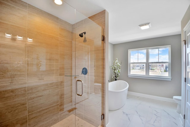 24465 S St Peters Dr, Channahon, IL 60410 - full bath with a shower stall, baseboards, marble look tile flooring, a soaking tub, and toilet