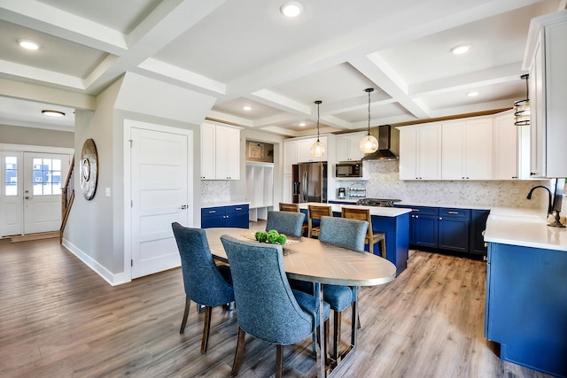 24465 S St Peters Dr, Channahon, IL 60410 - dining room featuring coffered ceiling, wood finished floors, beam ceiling, recessed lighting, and baseboards