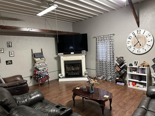 living area featuring a fireplace with raised hearth and wood-type flooring