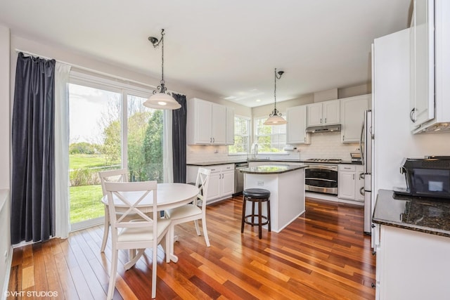 7181 Dada Dr, Gurnee, IL 60031 - kitchen with appliances with stainless steel finishes, under cabinet range hood, a kitchen island, wood-type flooring, and white cabinetry