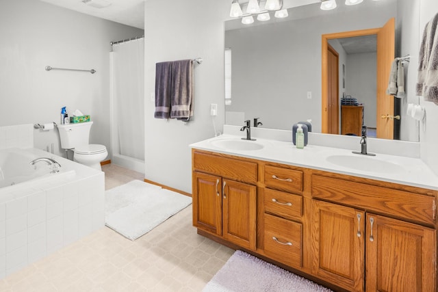 8 Harrison Ct, Bloomington, IL 61704 - bathroom featuring double vanity, a garden tub, a shower with curtain, baseboards, and toilet