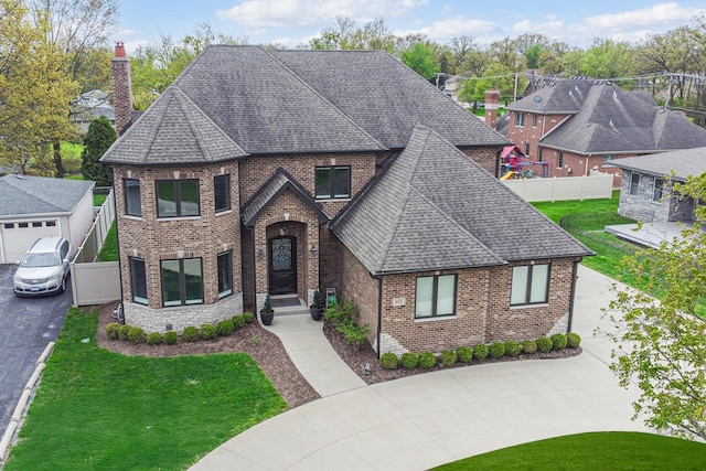 view of front of property featuring a chimney, brick siding, a shingled roof, and driveway