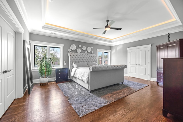 bedroom with a raised ceiling, crown molding, dark wood-type flooring, ceiling fan, and a closet