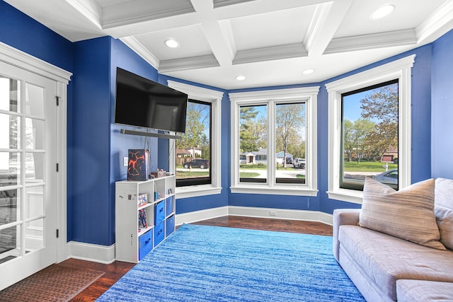 living room with baseboards, wood finished floors, coffered ceiling, beamed ceiling, and recessed lighting