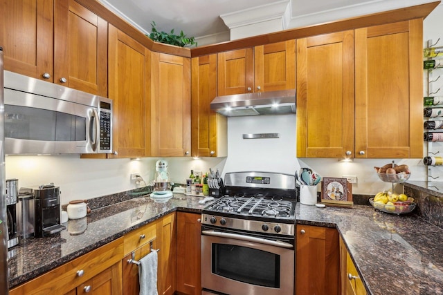 kitchen with appliances with stainless steel finishes, under cabinet range hood, and brown cabinetry