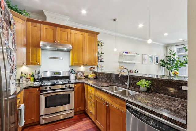 kitchen featuring stainless steel appliances, under cabinet range hood, a sink, crown molding, and brown cabinetry