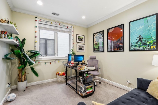 carpeted office featuring crown molding, baseboards, and recessed lighting