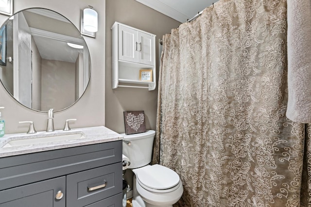 bathroom featuring toilet, vanity, and crown molding
