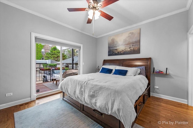 2447 W Walton St Unit 1, Chicago, IL 60622 - bedroom featuring baseboards, access to exterior, crown molding, wood finished floors, and a ceiling fan