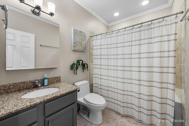 2447 W Walton St Unit 1, Chicago, IL 60622 - bathroom with vanity, toilet, ornamental molding, a shower with curtain, and recessed lighting