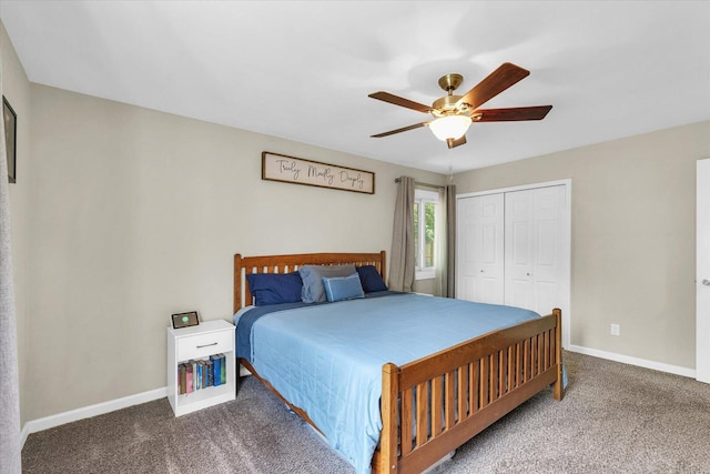 bedroom featuring carpet flooring, a closet, baseboards, and a ceiling fan