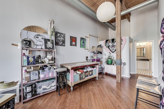 interior space featuring a towering ceiling and wood finished floors