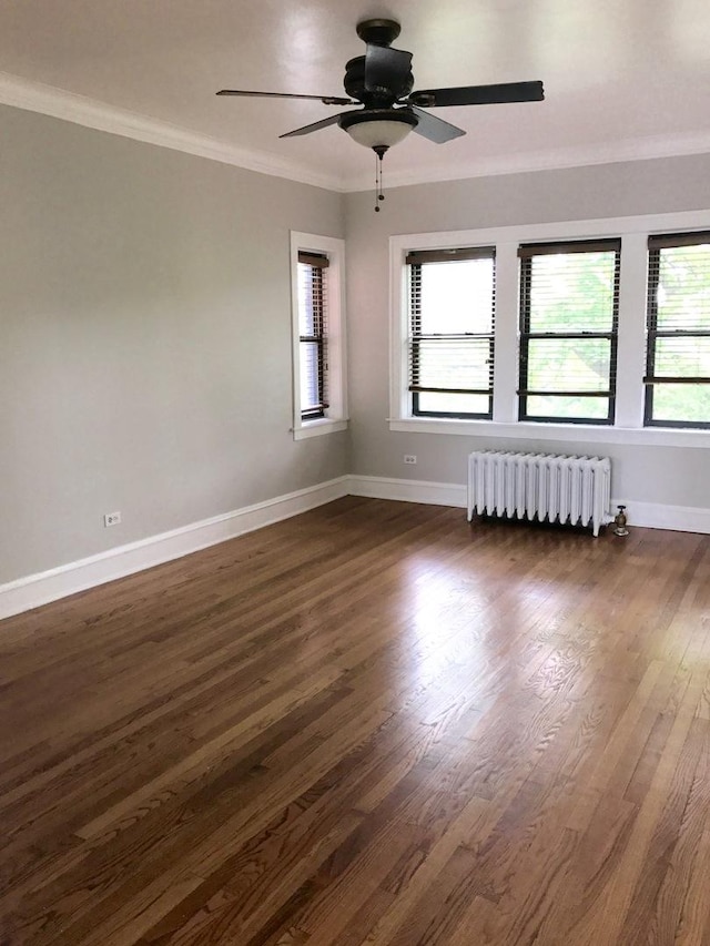 904 S Elmwood Ave Unit 2, Oak Park, IL 60304 - unfurnished room with radiator heating unit, plenty of natural light, crown molding, a ceiling fan, and dark wood-type flooring