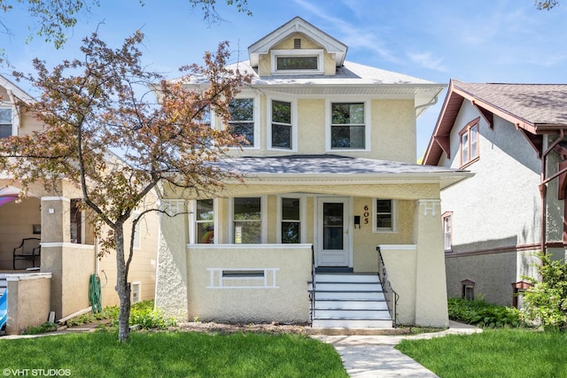 605 Home Ave, Oak Park, IL 60304 - american foursquare style home with a porch, stucco siding, and a shingled roof