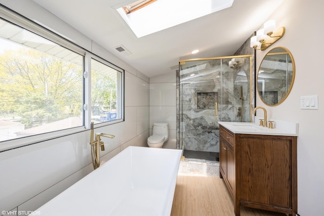 605 Home Ave, Oak Park, IL 60304 - full bath with lofted ceiling, a stall shower, vanity, a skylight, and toilet