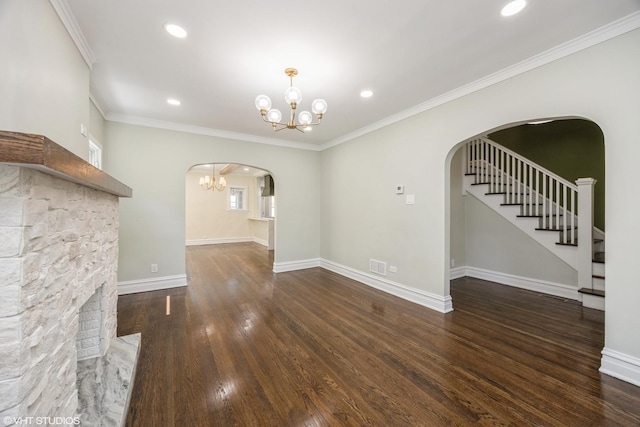 605 Home Ave, Oak Park, IL 60304 - unfurnished dining area with a chandelier, arched walkways, wood finished floors, recessed lighting, and ornamental molding