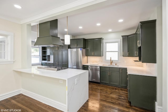605 Home Ave, Oak Park, IL 60304 - kitchen featuring stainless steel appliances, exhaust hood, a sink, dark wood-type flooring, and crown molding