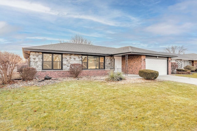 15252 Larkspur Ln, Orland Park, IL 60462 - ranch-style home with driveway, an attached garage, brick siding, a front yard, and roof with shingles