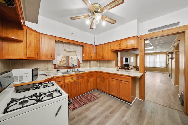 3132 Oak Park Ave, Berwyn, IL 60402 - kitchen featuring white appliances, a sink, light wood-type flooring, and brown cabinets