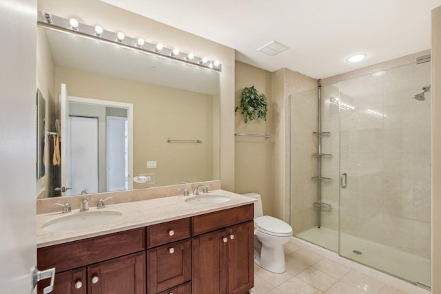 bathroom with tile patterned flooring, a shower stall, toilet, and double vanity