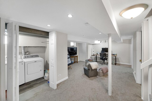 407 Meadow Ave, Frankfort, IL 60423 - clothes washing area with separate washer and dryer, a desk, light carpet, recessed lighting, and baseboards