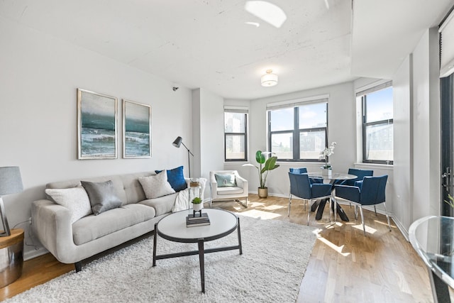 living room with light wood-style flooring and baseboards