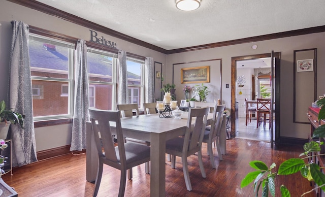 dining space featuring crown molding, a textured ceiling, wood finished floors, and baseboards
