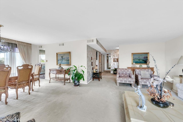 1535 Forest Ave Unit 504, River Forest, IL 60305 - living room featuring carpet floors, a chandelier, and baseboards